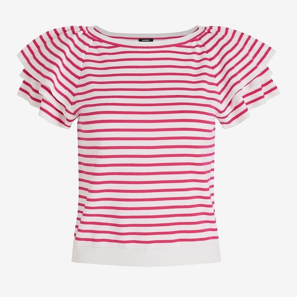 Express Pink and White Flutter Sleeve Fitted Tee - Picture 5 of 9